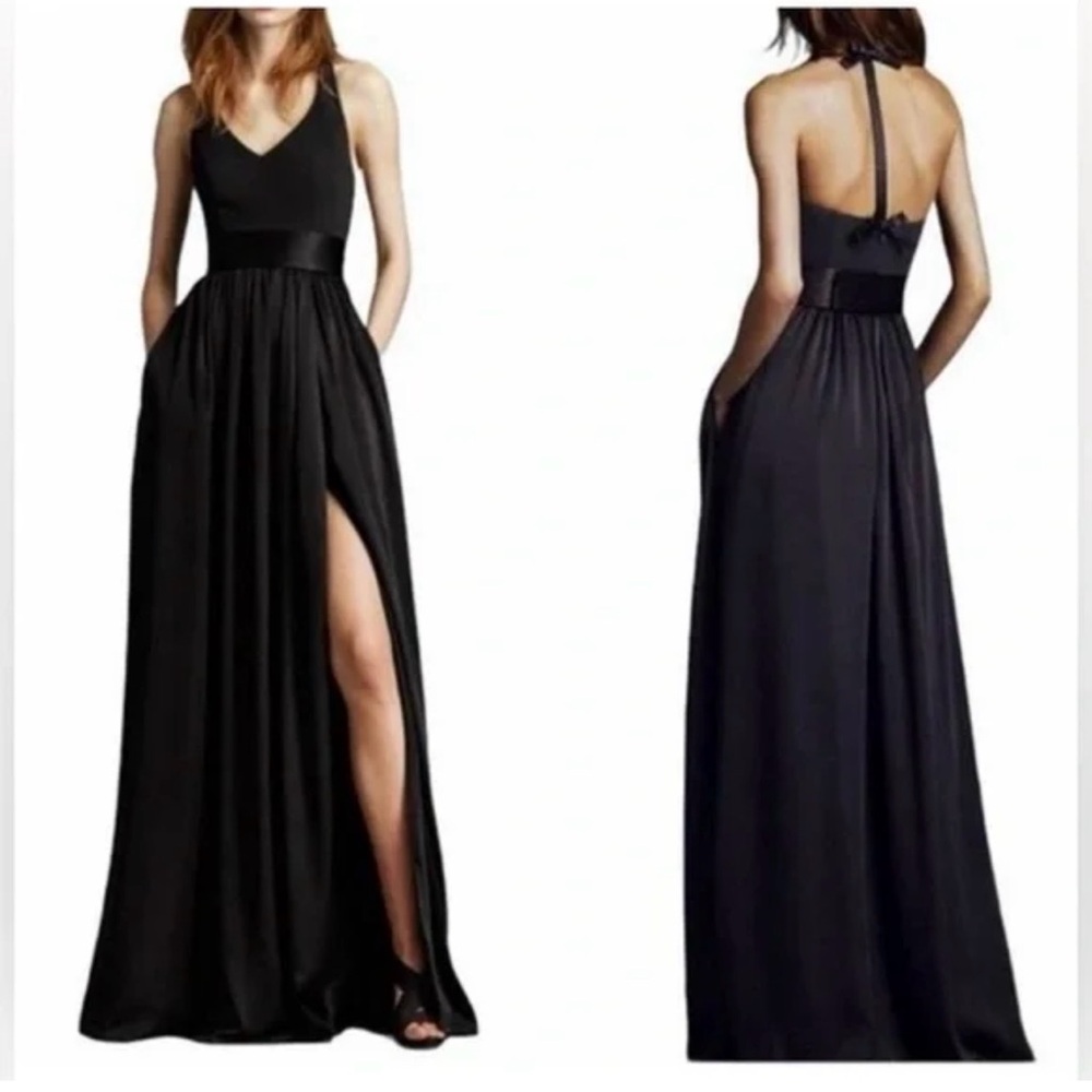 White by Vera Wang ,Elegant Black V-Neck Evening Dress with Thigh Slit